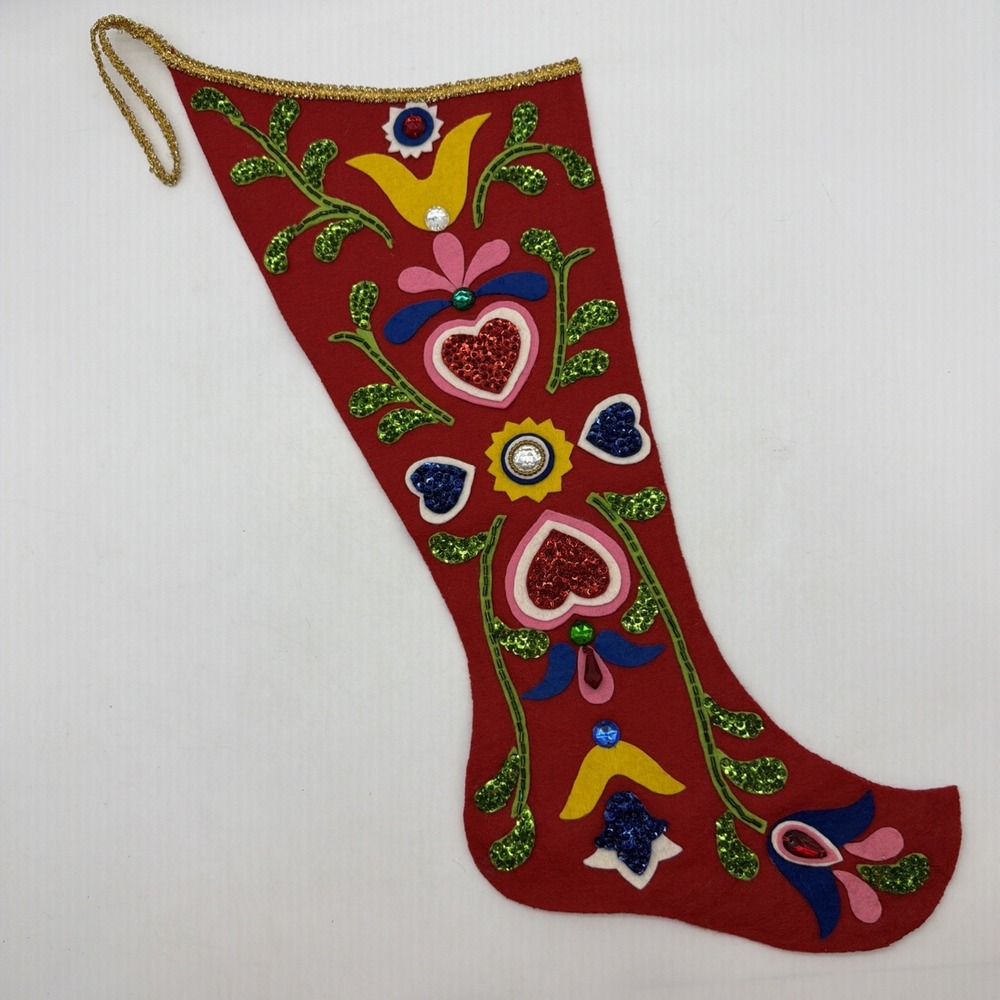 Vintage Red Felt Christmas Stocking Sequins Hearts Flowers Handmade